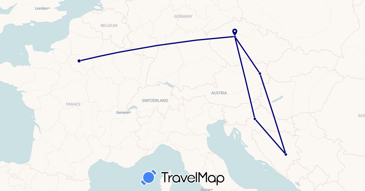 TravelMap itinerary: driving in Austria, Bosnia and Herzegovina, Czech Republic, France, Croatia (Europe)